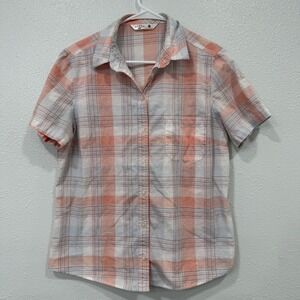 Riders by Lee Womens Plaid Short Sleeve Button Up Shirt Medium Peach Blue Casual